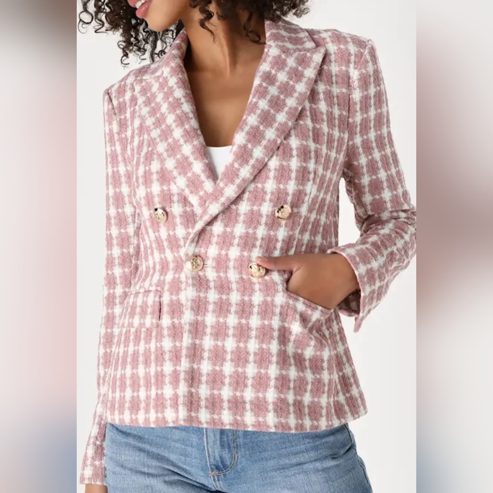 LULUS Women's Pink Plaid Double-Breasted Jacket